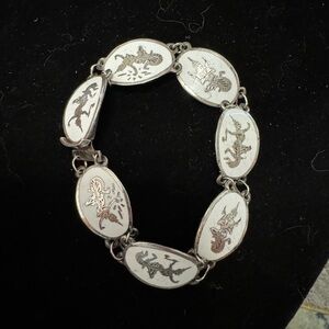 Siam Sterling Silver & White Niello Enamel Dancing Goddess Bracelet Antique 8.8g